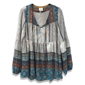 ✨️4/$20 Bohemian Paisley Print Blouse Single Tier Teal Grey Peasant Top, Sheer